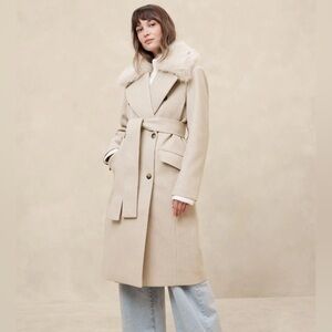 NWT! BANANA REPUBLIC WOMEN’S PEWTER GRAY FUR COLLAR TIE-WAIST COAT LARGE PETITE